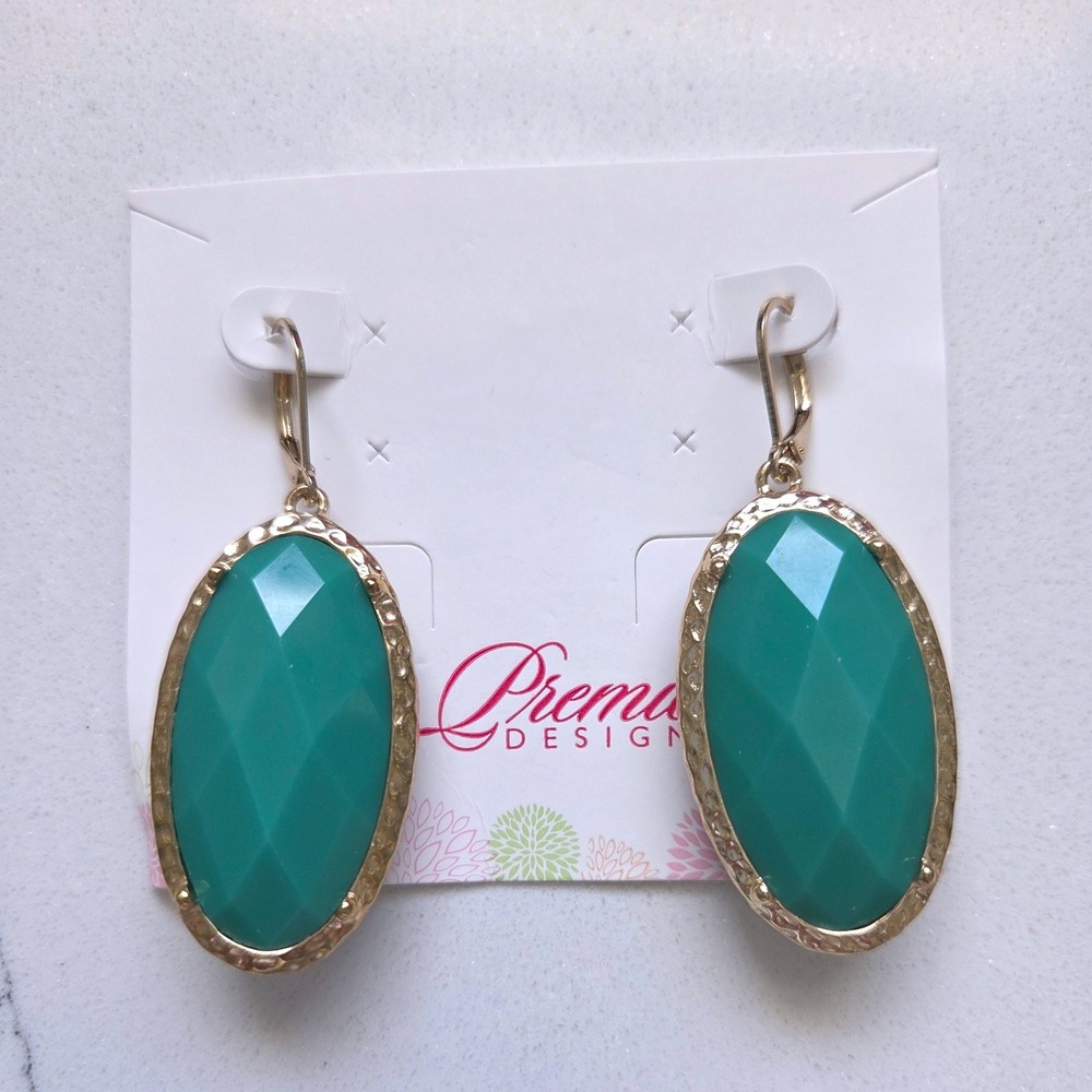 Premier Designs Cece Reverse Green Blue Faceted Gold Tone Hammered Drop Earrings
